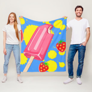 Fun Pink Popsicle and Strawberries Illustration Fleece Blanket