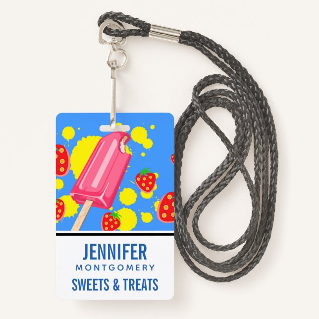 Fun Pink Popsicle and Strawberries Illustration ID Badge (Front with Lanyard)