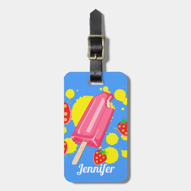 Fun Pink Popsicle and Strawberries Illustration Luggage Tag (Front Vertical)