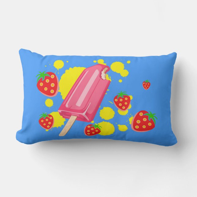Fun Pink Popsicle and Strawberries Illustration Lumbar Cushion (Front)