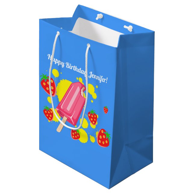 Fun Pink Popsicle and Strawberries Illustration Medium Gift Bag (Front Angled)