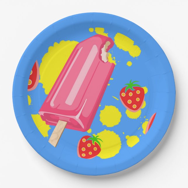 Fun Pink Popsicle and Strawberries Illustration Paper Plate (Front)