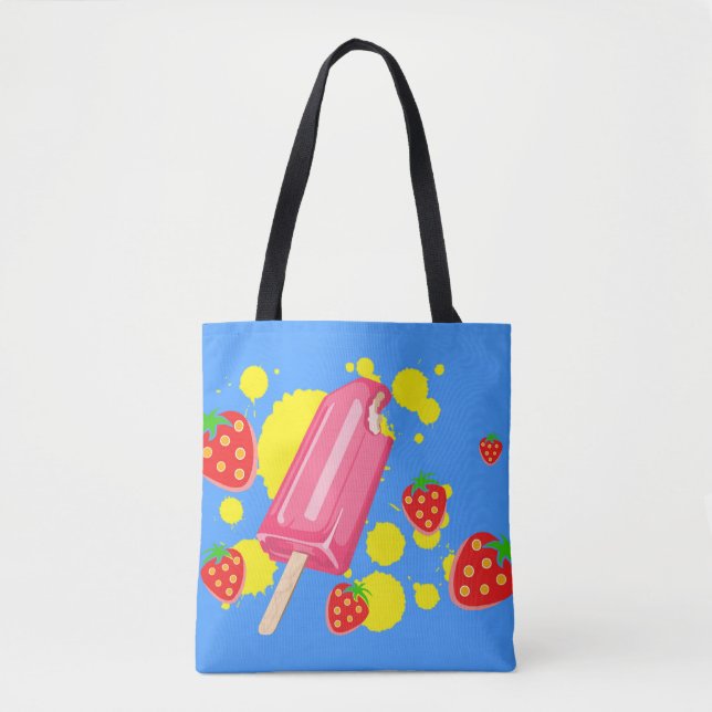Fun Pink Popsicle and Strawberries Illustration Tote Bag (Front)