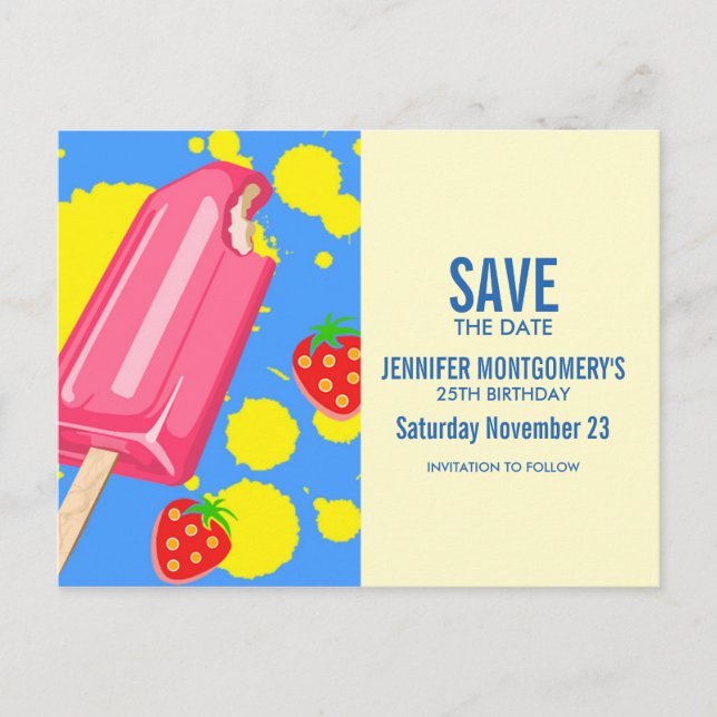 Fun Pink Popsicle and Strawberries Save The Date Postcard (Front)