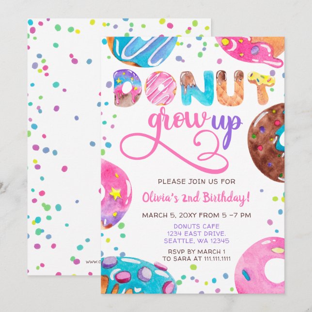 Fun pink purple blue doughnuts birthday party invitation (Front/Back)