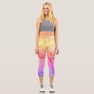 Fun Pink Purple Yellow Gold Hearts Pattern Capri Leggings