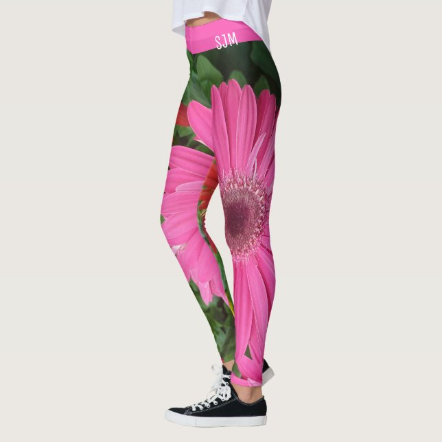 FUN PINK RED GERBERA FLOWERS DAISY FLORAL INITIAL LEGGINGS (Left)