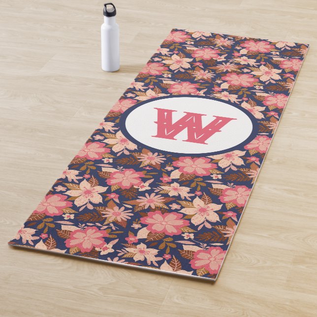 Fun Pink Retro Floral Pattern Monogram Yoga Mat (In Situ)