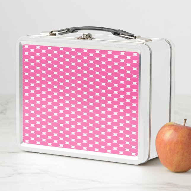 Fun Pink Retro Tiled Rectangular White Starbursts Metal Lunch Box (In Situ)