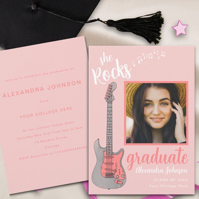 Fun Pink Script Graduate Photo Graduation Party Invitation (Fun pink electric guitar graduate photo modern script graduation party invitation )