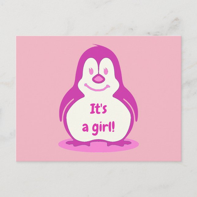 Fun Pink Smiling Penguin It's A Girl Gender Reveal Announcement Postcard (Front)
