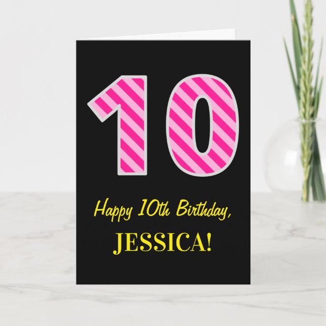 Fun Pink Striped "10"; Happy 10th Birthday; Name Card (Front)