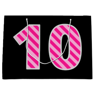 Fun Pink Striped "10"; Happy 10th Birthday; Name Large Gift Bag