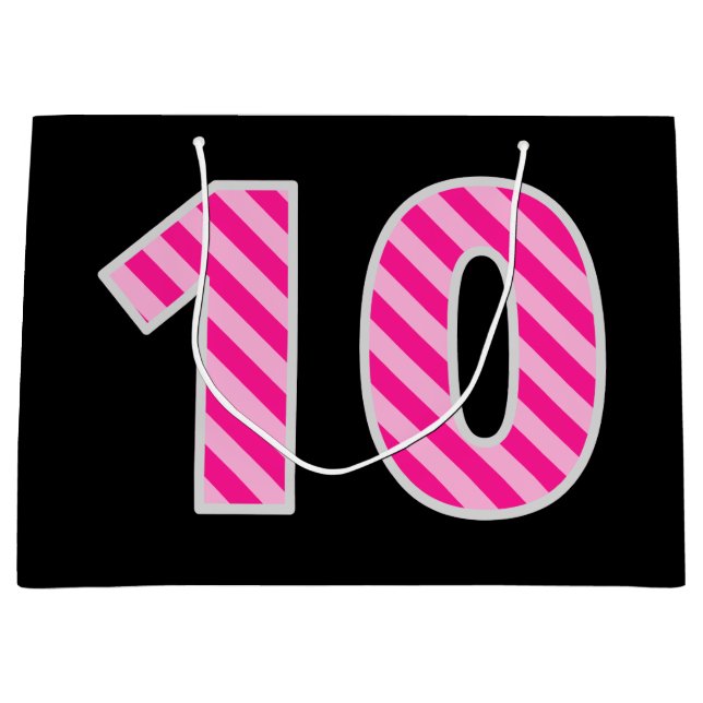 Fun Pink Striped "10"; Happy 10th Birthday; Name Large Gift Bag (Front)