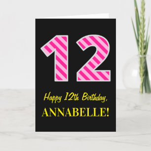 Fun Pink Striped "12"; Happy 12th Birthday; Name Card