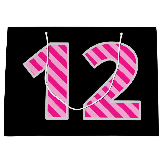 Fun Pink Striped "12"; Happy 12th Birthday; Name Large Gift Bag (Front)