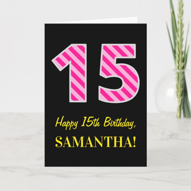 Fun Pink Striped "15"; Happy 15th Birthday; Name Card (Front)