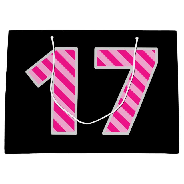 Fun Pink Striped "17"; Happy 17th Birthday; Name Large Gift Bag (Front)