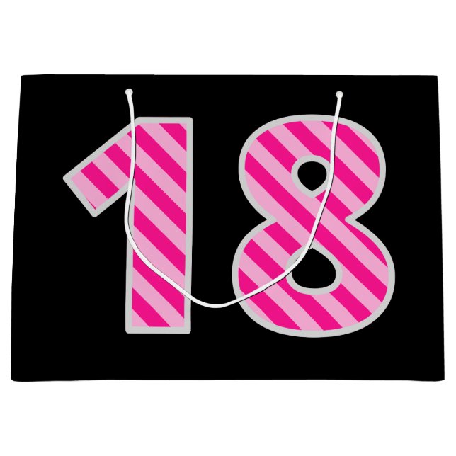 Fun Pink Striped "18"; Happy 18th Birthday; Name Large Gift Bag (Front)