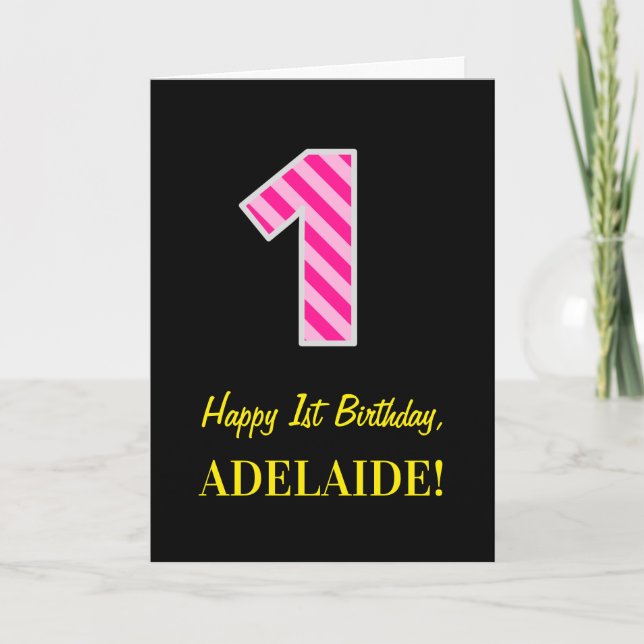 Fun Pink Striped "1"; Happy 1st Birthday; Name Card (Front)
