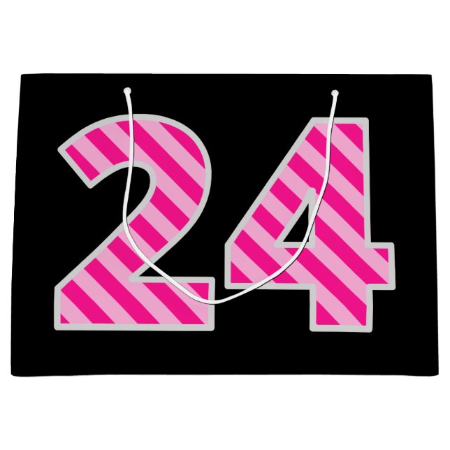 Fun Pink Striped "24"; Happy 24th Birthday; Name Large Gift Bag (Front)
