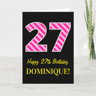 Fun Pink Striped "27"; Happy 27th Birthday; Name Card