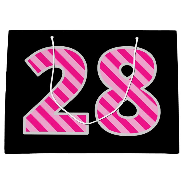 Fun Pink Striped "28"; Happy 28th Birthday; Name Large Gift Bag (Front)