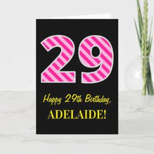 Fun Pink Striped "29"; Happy 29th Birthday; Name Card