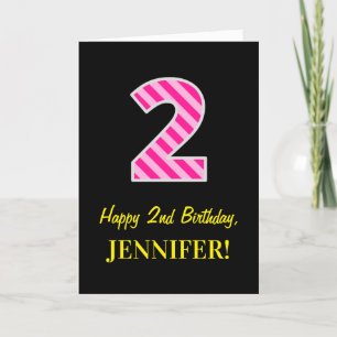 Fun Pink Striped "2"; Happy 2nd Birthday; Name Card
