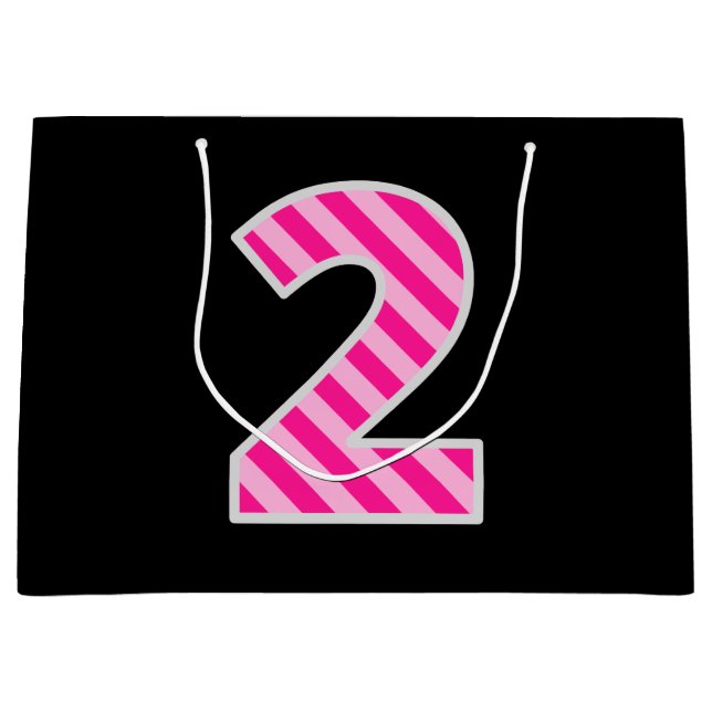 Fun Pink Striped "2"; Happy 2nd Birthday; Name Large Gift Bag (Front)