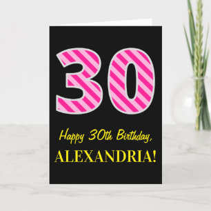 Fun Pink Striped "30"; Happy 30th Birthday; Name Card