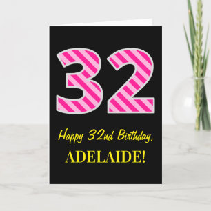 Fun Pink Striped "32"; Happy 32nd Birthday; Name Card