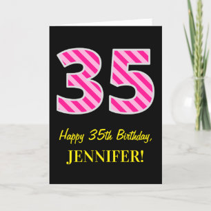 Fun Pink Striped "35"; Happy 35th Birthday; Name Card