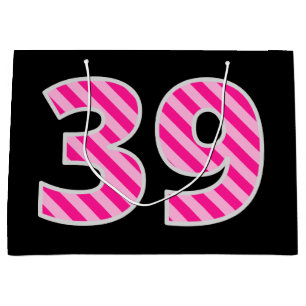 Fun Pink Striped "39"; Happy 39th Birthday; Name Large Gift Bag