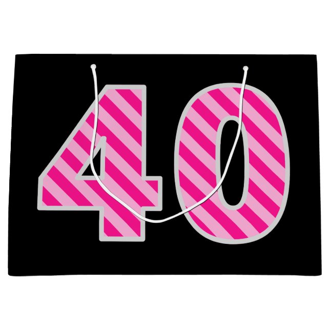 Fun Pink Striped "40"; Happy 40th Birthday; Name Large Gift Bag (Front)