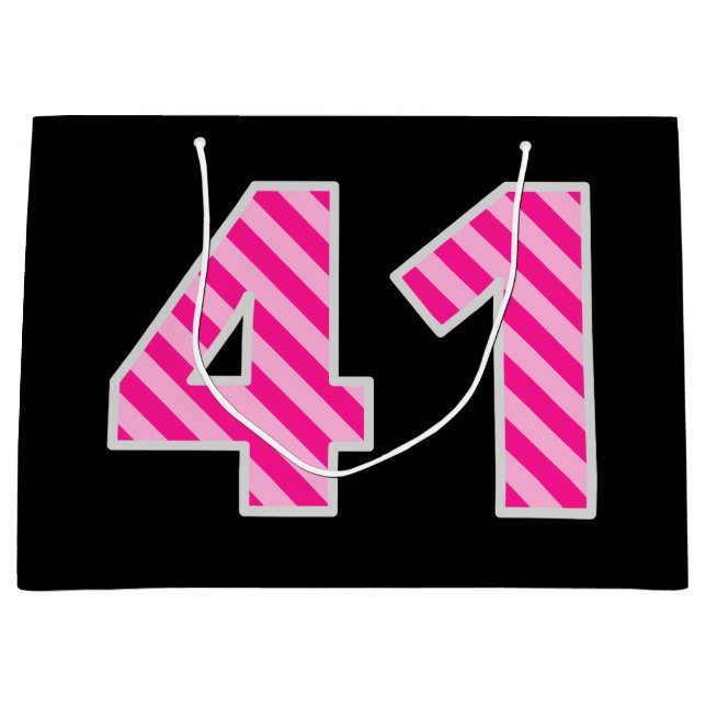 Fun Pink Striped "41"; Happy 41st Birthday; Name Large Gift Bag (Front)