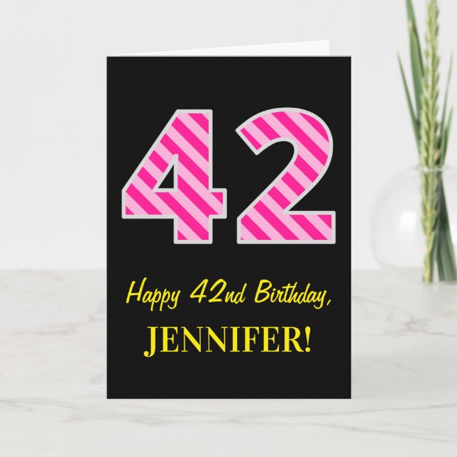 Fun Pink Striped "42"; Happy 42nd Birthday; Name Card (Front)