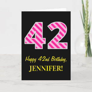Fun Pink Striped "42"; Happy 42nd Birthday; Name Card