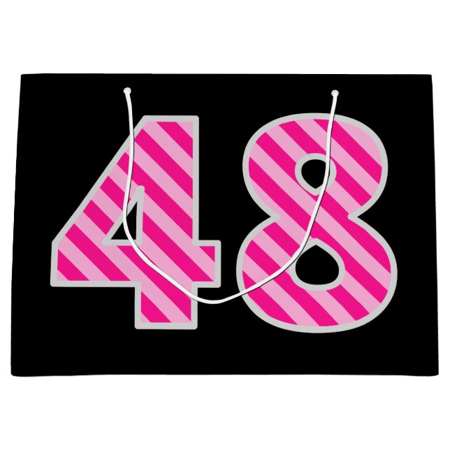 Fun Pink Striped "48"; Happy 48th Birthday; Name Large Gift Bag (Front)
