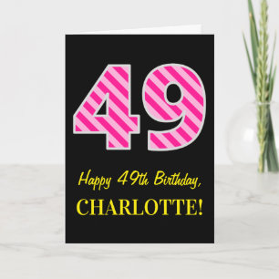 Fun Pink Striped "49"; Happy 49th Birthday; Name Card