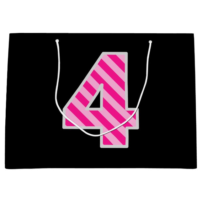 Fun Pink Striped "4"; Happy 4th Birthday; Name Large Gift Bag (Front)