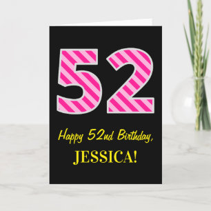 Fun Pink Striped "52"; Happy 52nd Birthday; Name Card