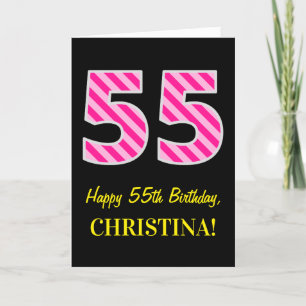 Fun Pink Striped "55"; Happy 55th Birthday; Name Card