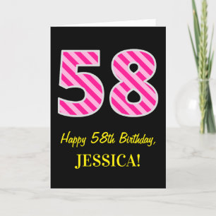 Fun Pink Striped "58"; Happy 58th Birthday; Name Card