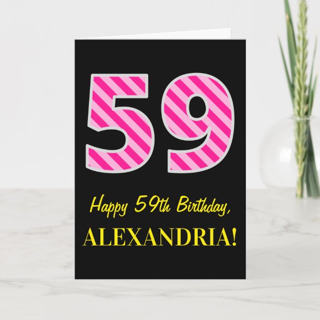 Fun Pink Striped "59"; Happy 59th Birthday; Name Card (Front)