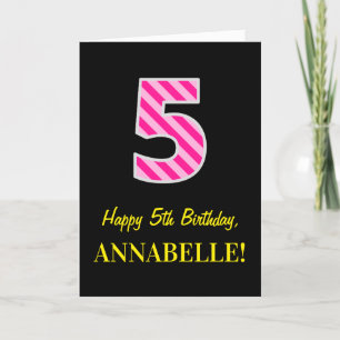 Fun Pink Striped "5"; Happy 5th Birthday; Name Card