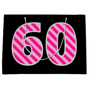 Fun Pink Striped "60"; Happy 60th Birthday; Name Large Gift Bag