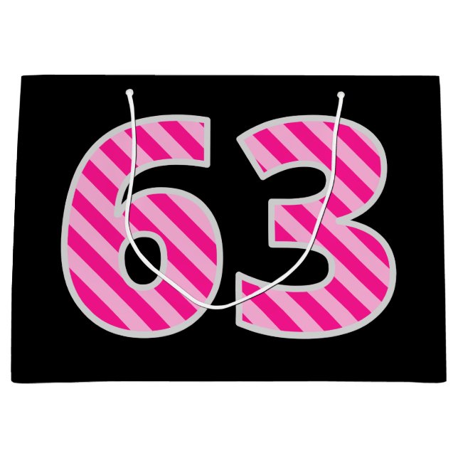 Fun Pink Striped "63"; Happy 63rd Birthday; Name Large Gift Bag (Front)