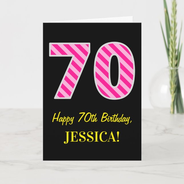 Fun Pink Striped "70"; Happy 70th Birthday; Name Card (Front)