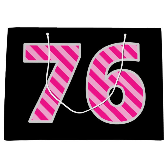 Fun Pink Striped "76"; Happy 76th Birthday; Name Large Gift Bag (Front)